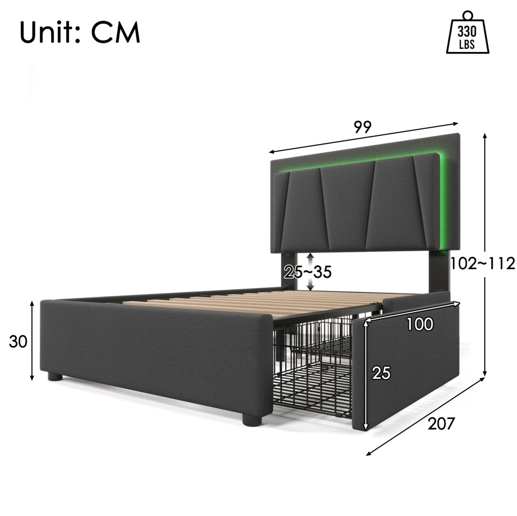 Letto singolo imbottito 90x200 cm con LED; 2 cassetti e testiera regolabile; grigio