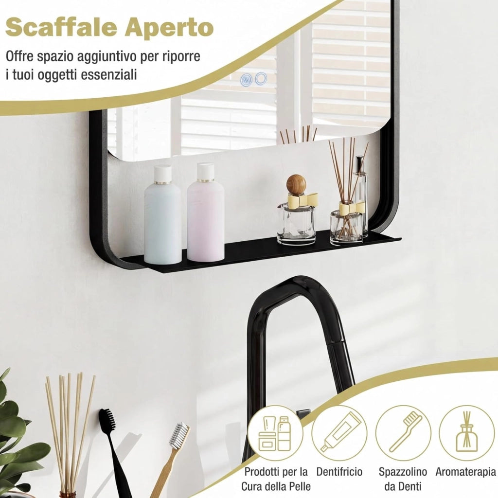 Specchio da Bagno LED 80 x 60 cm con Mensola, Specchio da Trucco con Cornice in Alluminio, Funzione Antiappannamento, 3 Colori di Luce e Luminosità Regolabile, Specchio da Parete