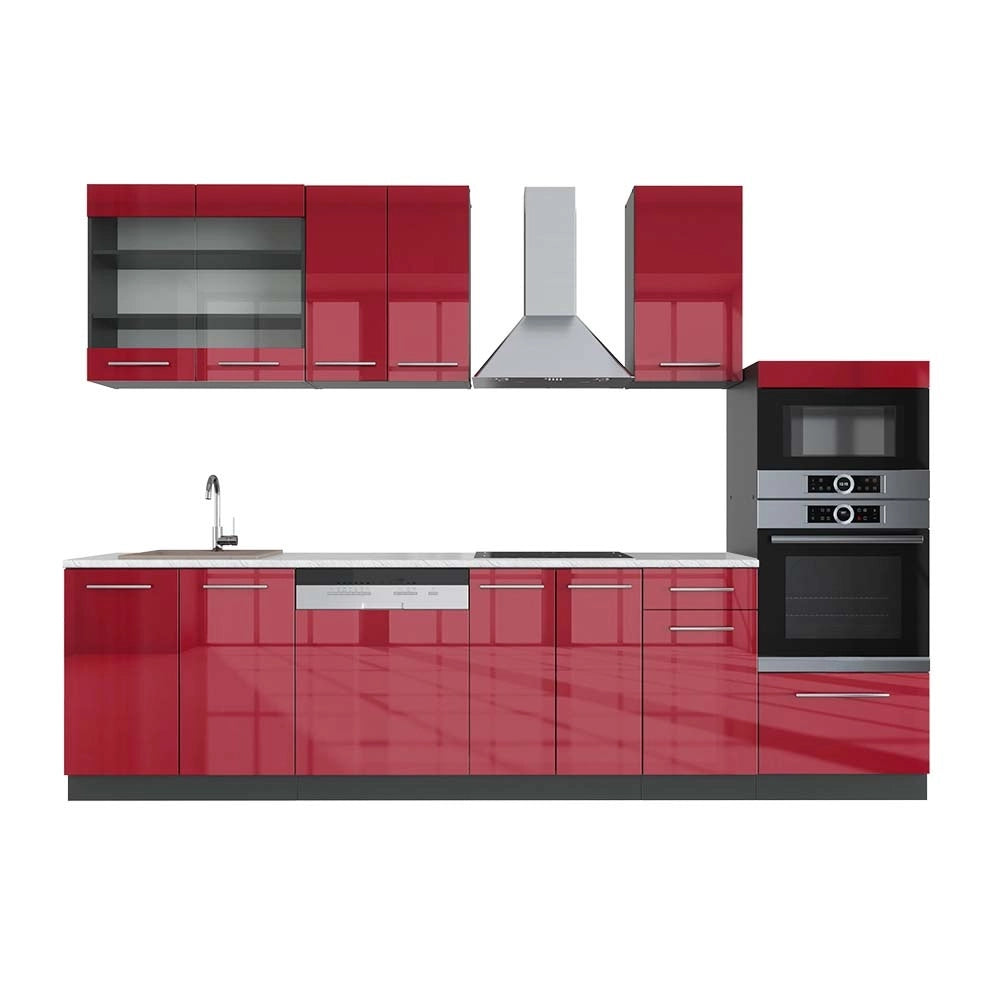 Cucina componibile Fame-Line Bordeaux lucido/Antracite 300 cm con armadio alto, PL Marmo Vicco