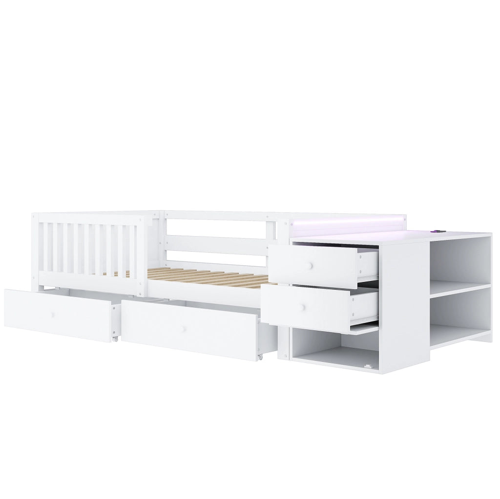 Letto a soppalco per bambini 90x200 cm con contenitore separato, prese elettriche, LED e cassetti, bianco