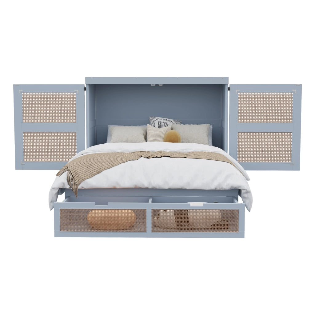 OKWISH Letto a scomparsa 140×200 cm, Letto Matrimoniale con 2 Cassetti, Ante Stile Rattan e Apertura 270°, senza Materasso, Grigio