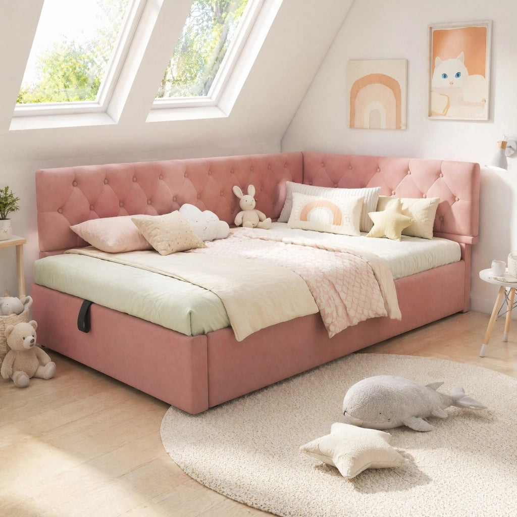 Letto imbottito 90x200 cm con contenitore idraulico; velluto rosa; senza materasso
