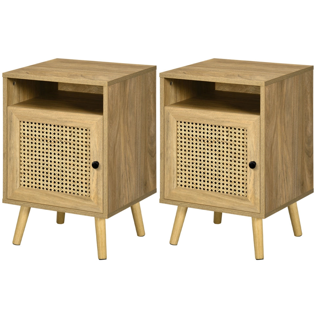Set 2 Comodini in Stile Boho con Armadietto e Ripiano Aperto, in Truciolato, Rattan e MDF, 39x35x60 cm