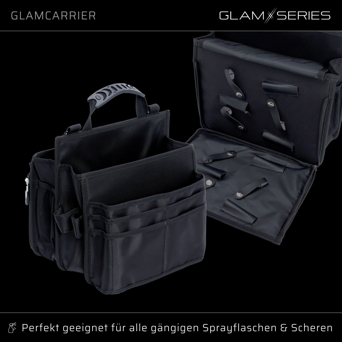 GlamSeries GlamCarrier Borsa porta trucchi con ampio spazio, trousse pieghevole per cosmetici con manico e tracolla, pochette da lavoro ideale per truccatori e parrucchieri