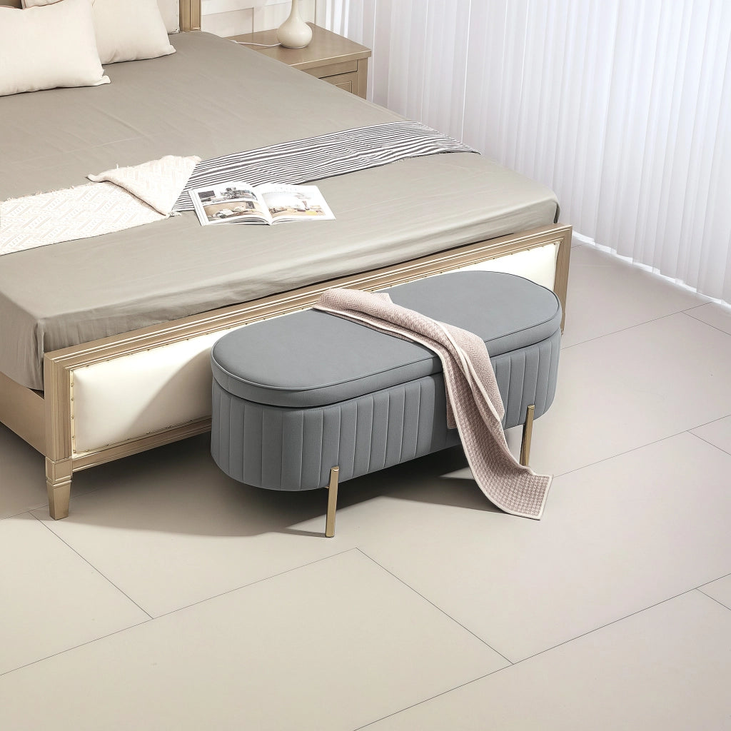 Panca Contenitore Ovale da 72L con Coperchio Sollevabile. in Tessuto Vellutato e Legno. 108x44x43.5 cm. Grigio