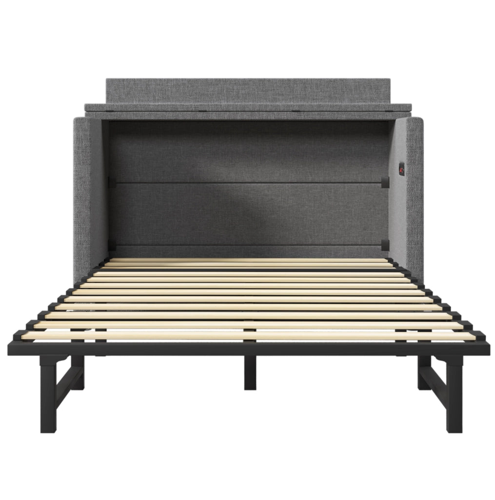 Letto a scomparsa 140x200 con porta USB e Type-C; cassetto e design salvaspazio in lino e MDF grigio