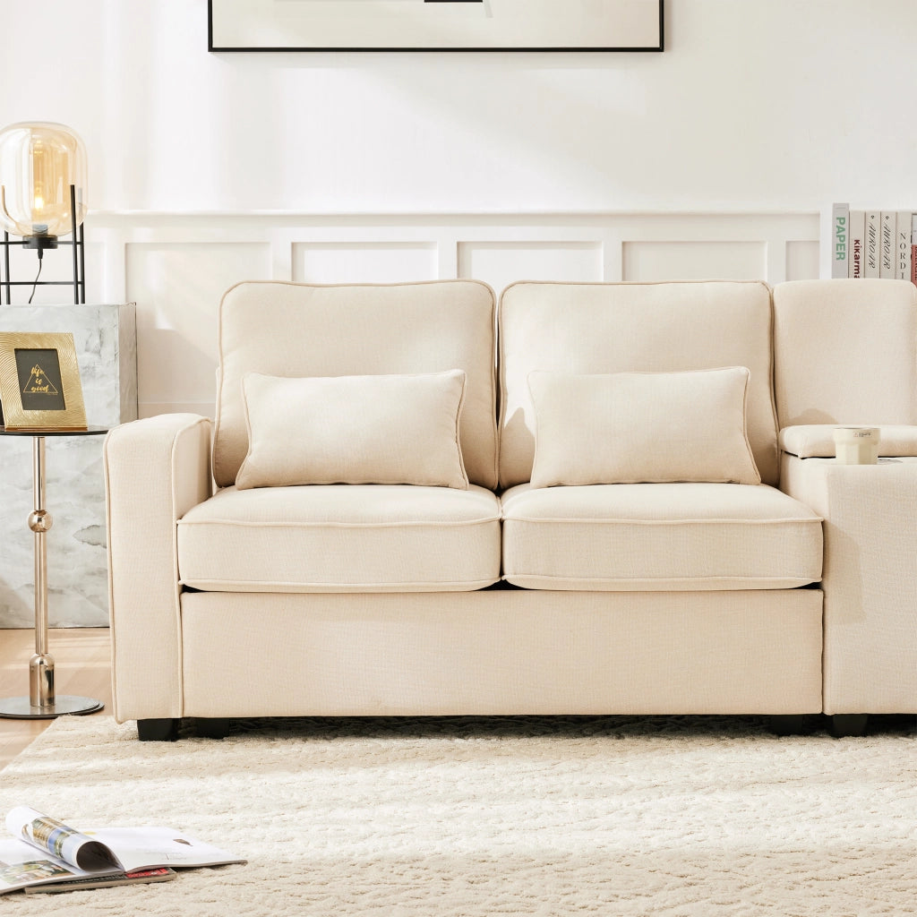 Divano 4 Posti in Tessuto con Braccioli, Cuscini, USB e Portabicchieri ¨C MINIMAL ¨C Beige/Grigio