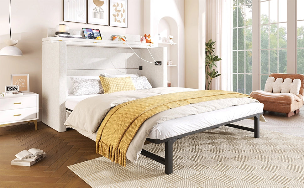 DESMIU Letto a scomparsa 140 × 200 cm 2 posti con USB, Type-C, cassetto e ripiano, senza materasso, beige