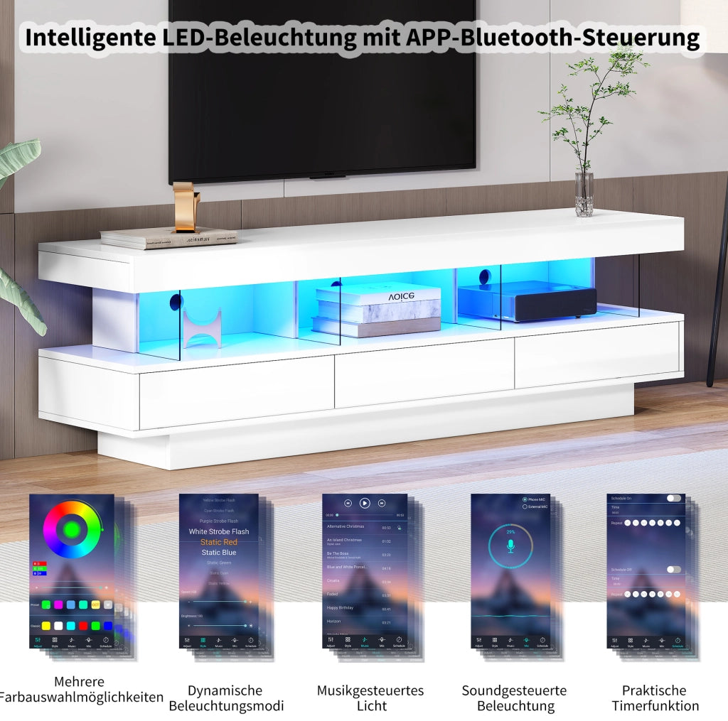 Mobile porta televisore bianco lucido con 3 vani in vetro, LED e comando Bluetooth