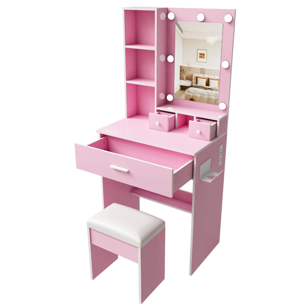 Set toeletta compatto con specchio LED dimmerabile, presa integrata, supporto phon e sgabello imbottito