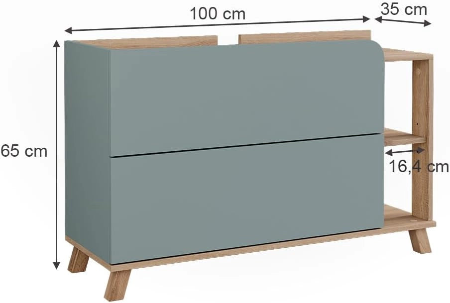 Mobiletto per lavabo Karen, Sonoma/blu, 100 x 65 cm con 2 cassetti, per montaggio sotto il lavabo con apertura per sifone