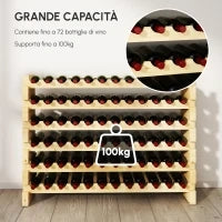 Scaffale Portabottiglie in Legno di Abete, Cantinetta Portabottiglie con 6 Ripiani per 72 Bottiglie e Peso Massimo 100 kg, 114x28x85 cm, Legno Naturale