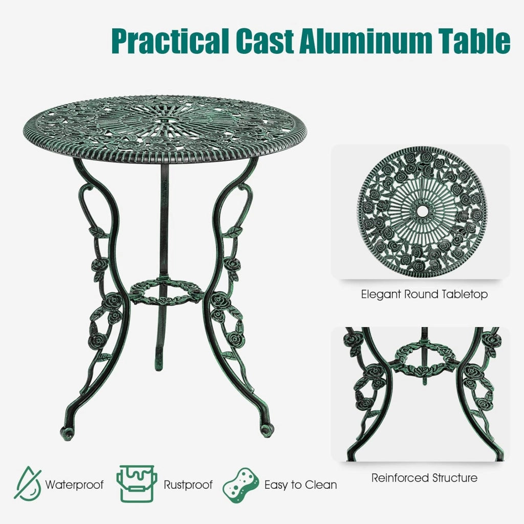 Set di 3 Mobili da Giardino, Tavolo da Giardino con 2 Sedie, Set da Bistrò in Alluminio Resistente alle Intemperie, con Motivo a Rose, per Balcone, Cortile, Terrazza, Verde Bronzo