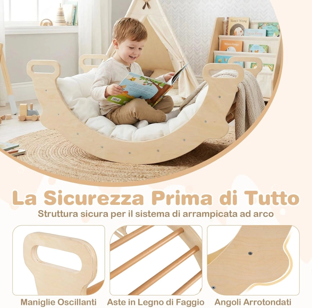 Arco da Arrampicata per Bambini, 3 in 1 Altalena ad Arco in Legno con Cuscino Morbido, Doppia Faccia, Ideale per Bambini 3+ Anni (Stile 2 Naturale)