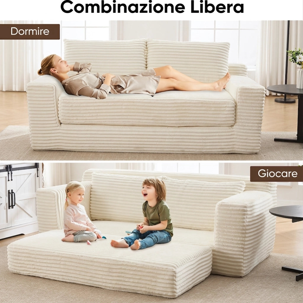 Divano 2 posti bianco trasformabile 2 in 1 in tessuto a coste con memory foam