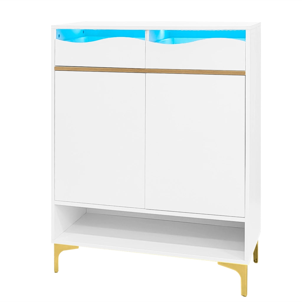 Scarpiera con 2 cassetti e 2 ante LED 16 colori ripiani regolabili in MDF bianca 80 × 35 × 105 cm