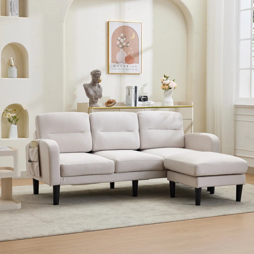 Divano angolare modulare 3 posti con chaise longue e tasche laterali beige 204x136 cm