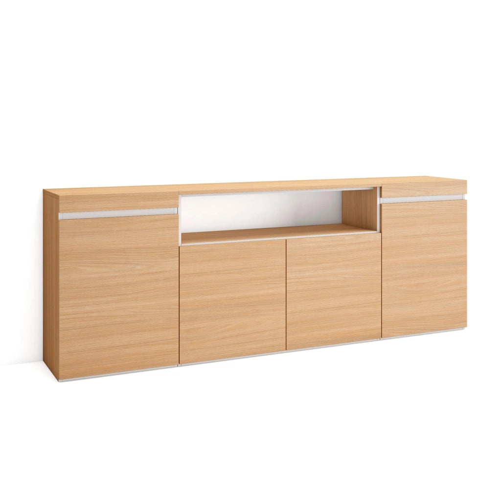 Credenza, Mobile, Cucina, 200x75x35cm, 4 Porte, grande stoccaggio, Rovere soft e bianco