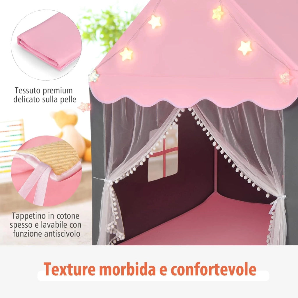 Tenda da Gioco per Bambini, Tenda Castello con Tappetino Lavabile, Luci a Forma di Stella, per Interno ed Esterno, 105 x 121 x 136 cm (Rosa)