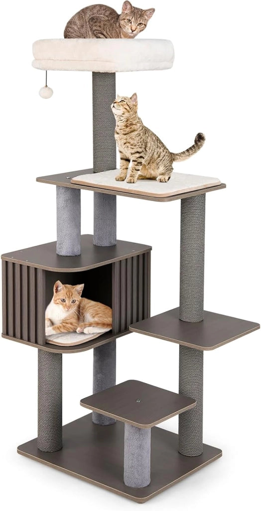 Albero per Gatti a 6 Livelli, Torre per Gatti Alta 151 cm con Condominio, Tappetini Removibili e Tiragraffi, Albero Tiragraffi per Arrampicata per Gattini in Legno con Palla Pompom Appesa