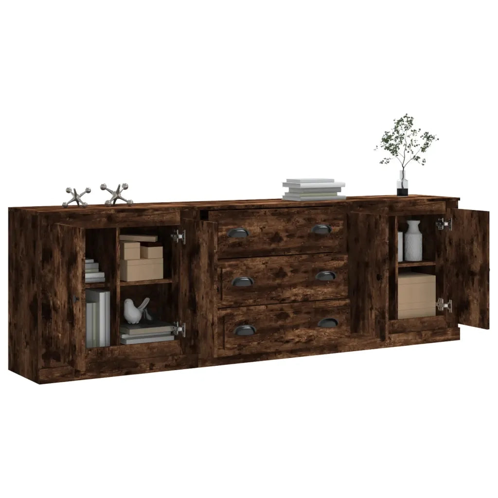 Credenze 3 pz | Madia | Buffet da pranzo | Armadio da pranzo Rovere Fumo in Legno Multistrato