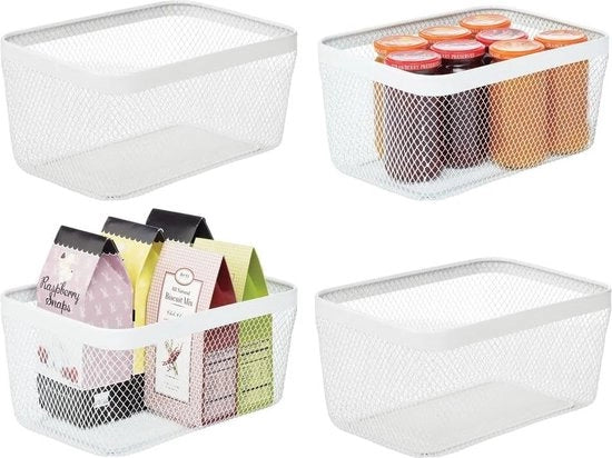 Set di 4 contenitori multifunzionali, contenitore di metallo per cucina, magazzino, bagno e altri - contenitore a filo compatto e universale - bianco