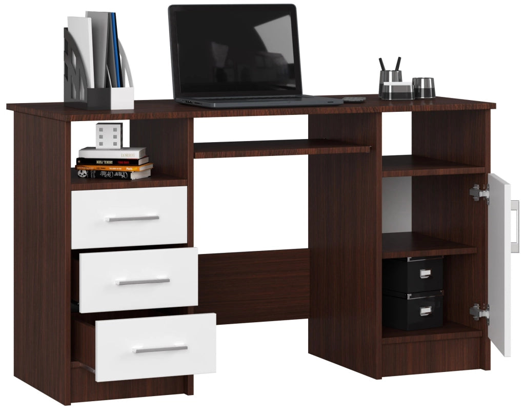 Scrivania AKORD ANA Wengé 124 cm 1 anta 3 cassetti inserto frontale Bianco 124x52x74 cm