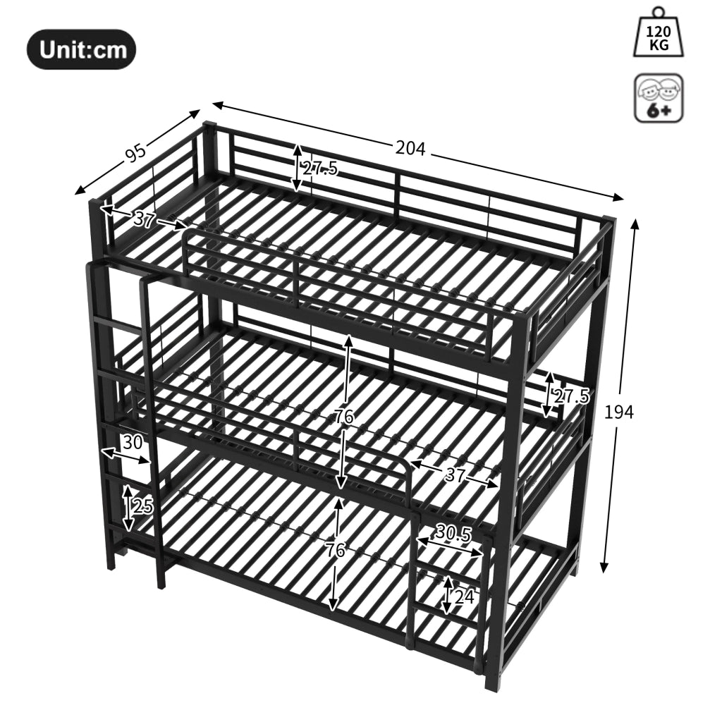 OKWISH Letto a Castello 90×200 cm, Letto 3 Posti con Scala Fissa, Sponde di Sicurezza e Salvaspazio, senza Materasso, Nero