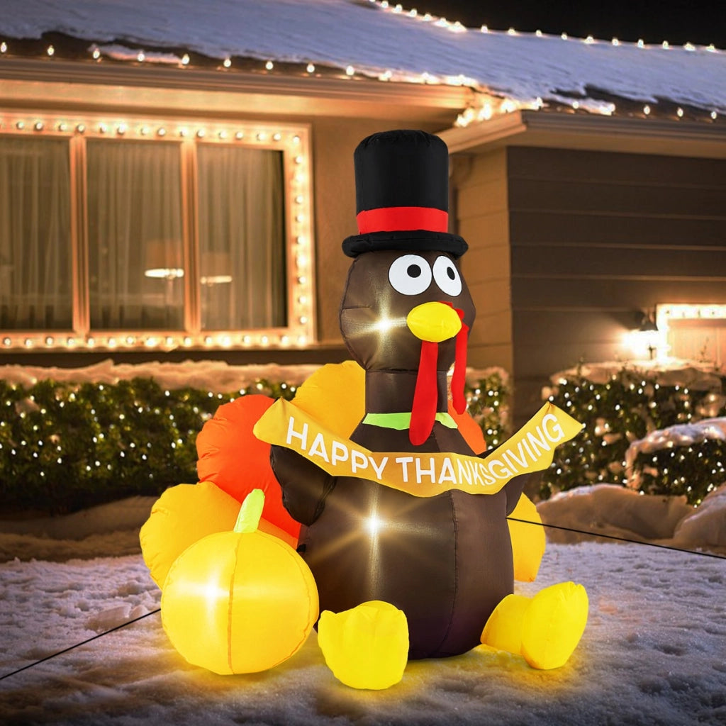 Decorazione gonfiabile per ringraziamento con luci a LED con zucca, Tacchino gonfiabile da pellegrino e coda colorata Giallo-Halloween