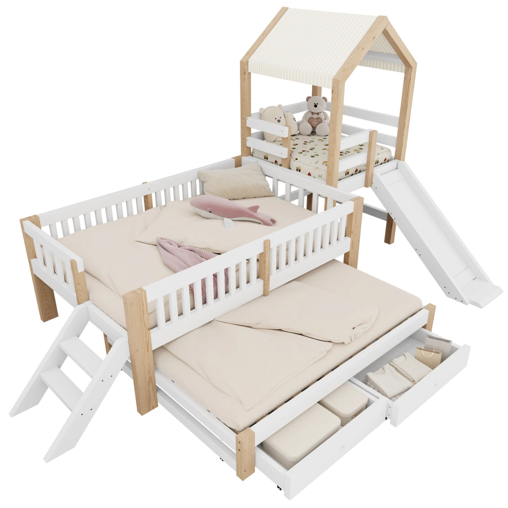 Letto per Bambini 90x200 cm e 90x190 cm - Scivolo; Scala laterale; Cassetti - Bianco e legno naturale