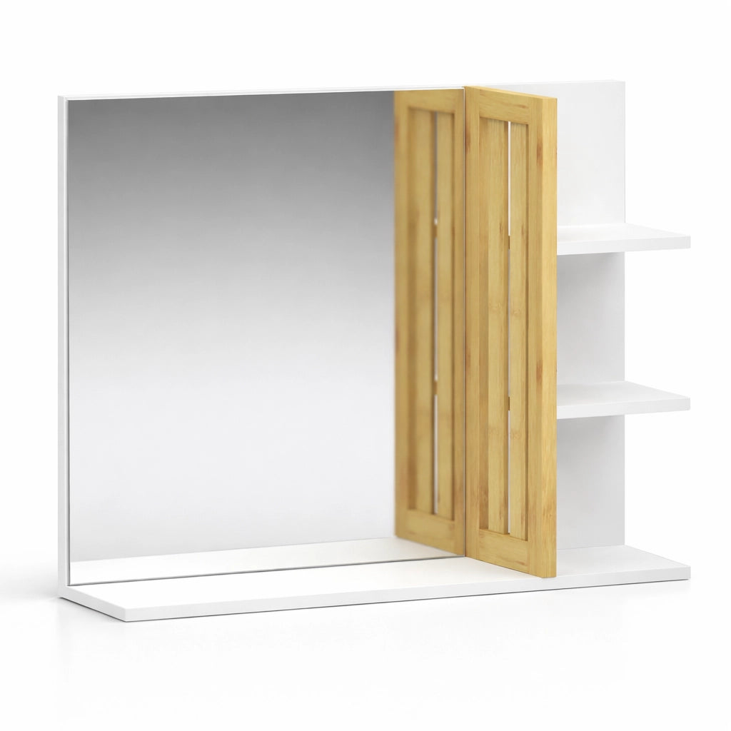 Specchio da Bagno Moderno in Legno e Bambù Bianco 45x59x15 cm con 4 ripiani