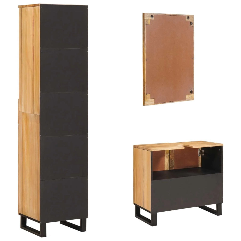 Set da Bagno | Armadio da bagno con porta 3 pz Naturale Legno di mango massello