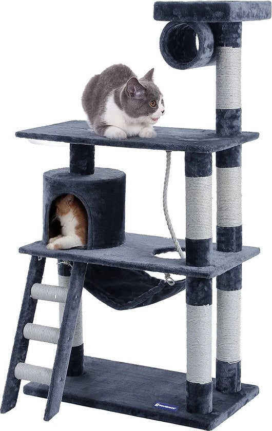 Krappaletto per Gatti - Colonna per Gatti - Struttura per Gatti - Krappaletto per Feline - Albero per Gatti - Colore Scuro Grigio - Krappaletto con lettino e scala - altezza 140 cm - Tavole di sisal rinforzate fino a Ø 8,6 cm