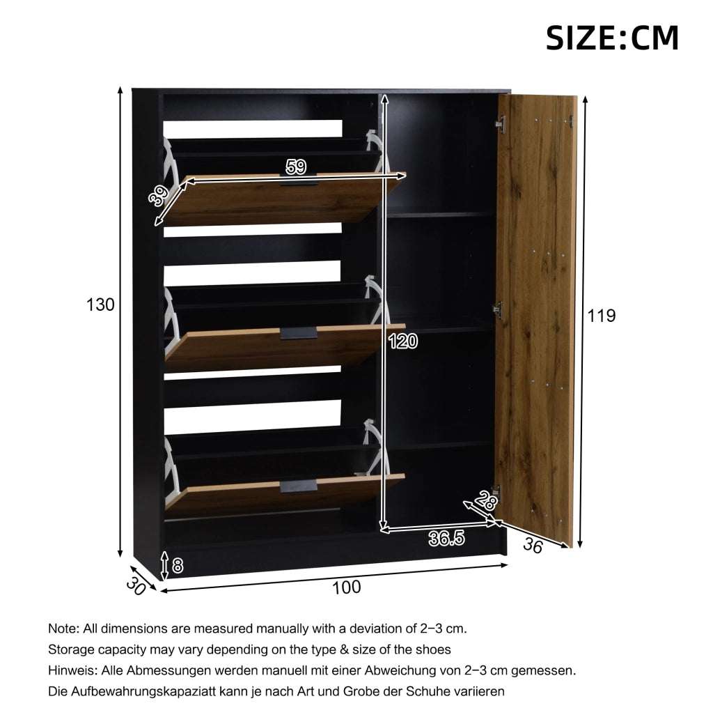 Scarpiera in MDF 100x30x130 cm con 3 vani a ribalta e anta