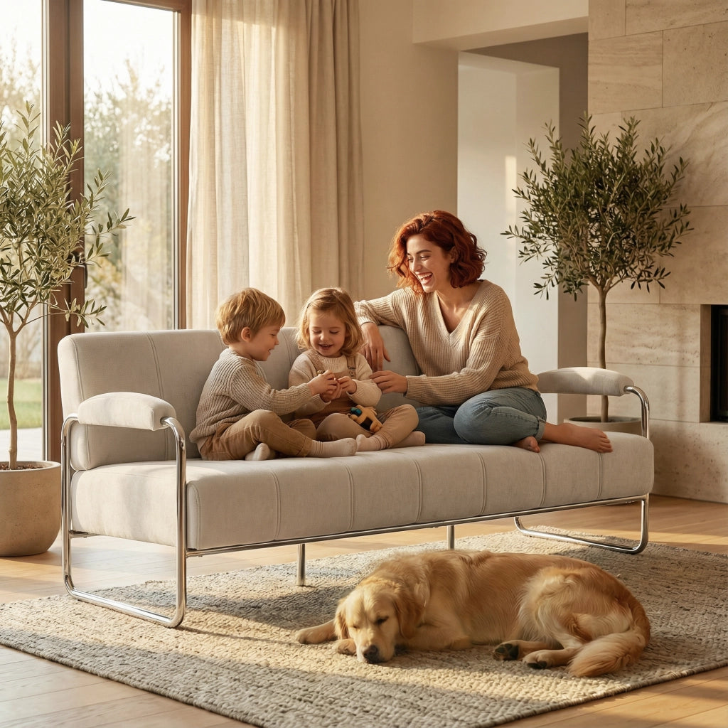 Divano 3 Posti Moderno 174x75x76 cm Rivestito in Ciniglia Struttura in Acciaio Beige