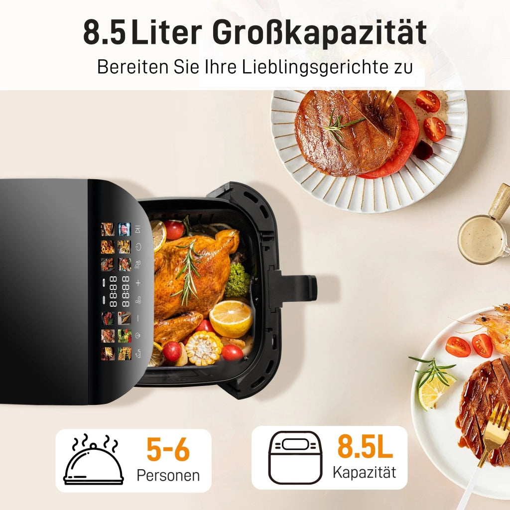 Friggitrice ad aria XXL da 8,5 litri con obl¨° e display a colori, 12 programmi, touchscreen a LED a colori, facile da pulire.