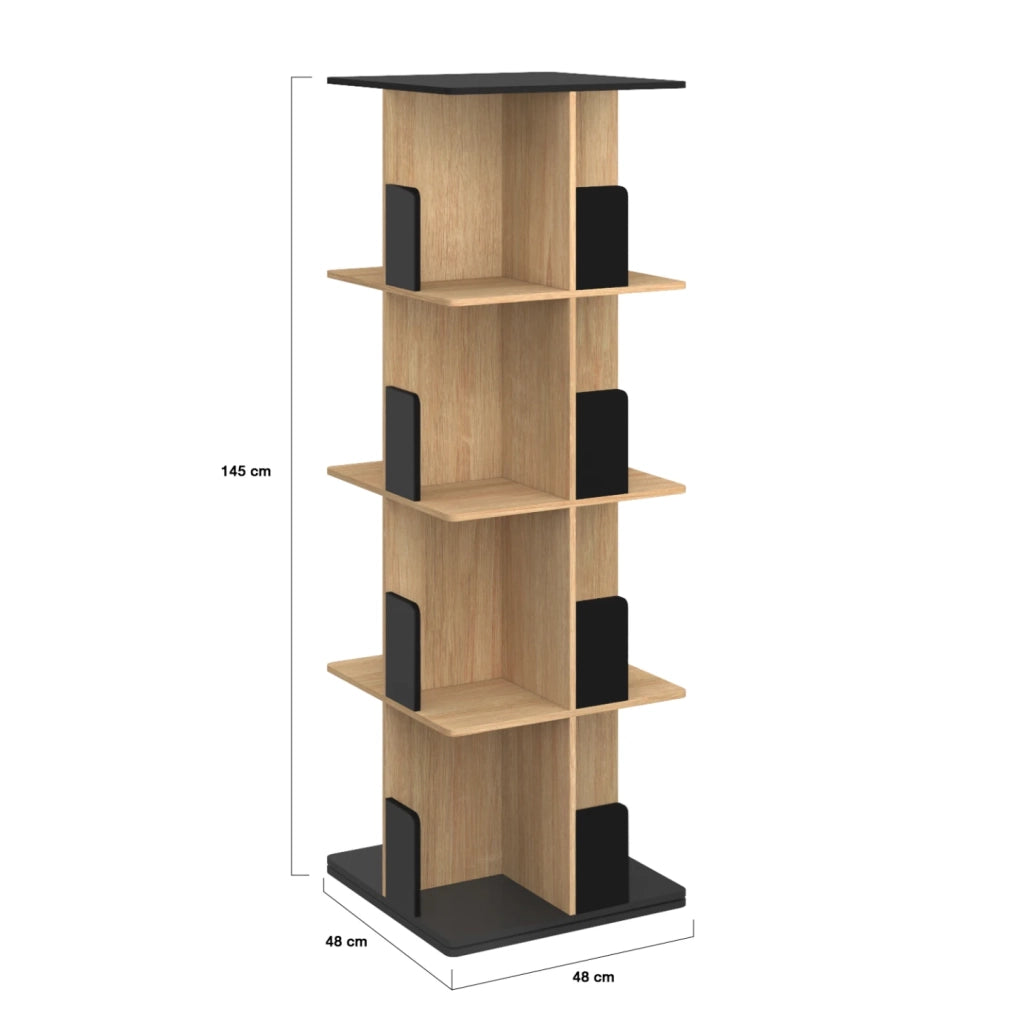 IDMarket - RAPHA Libreria rotante a 4 livelli in nero ed effetto legno
