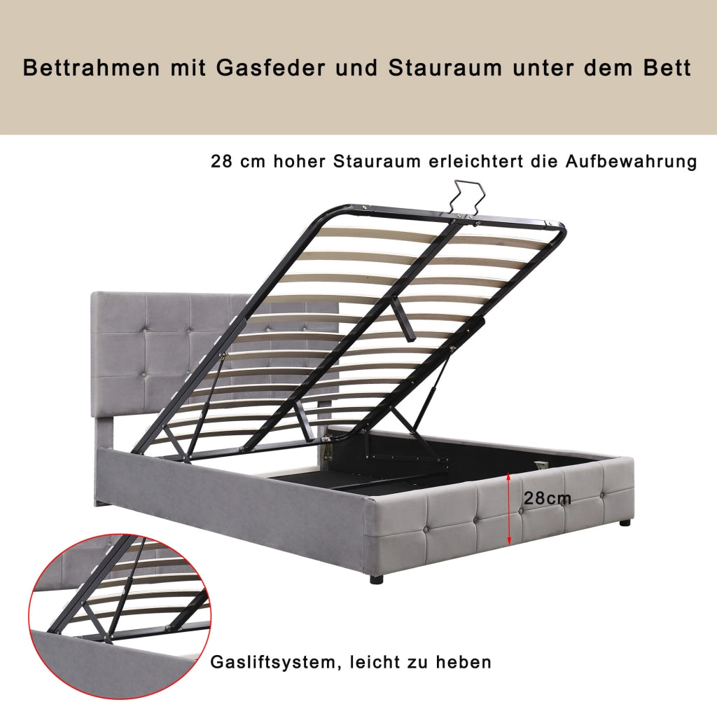 Letto imbottito con contenitore idraulico in velluto grigio