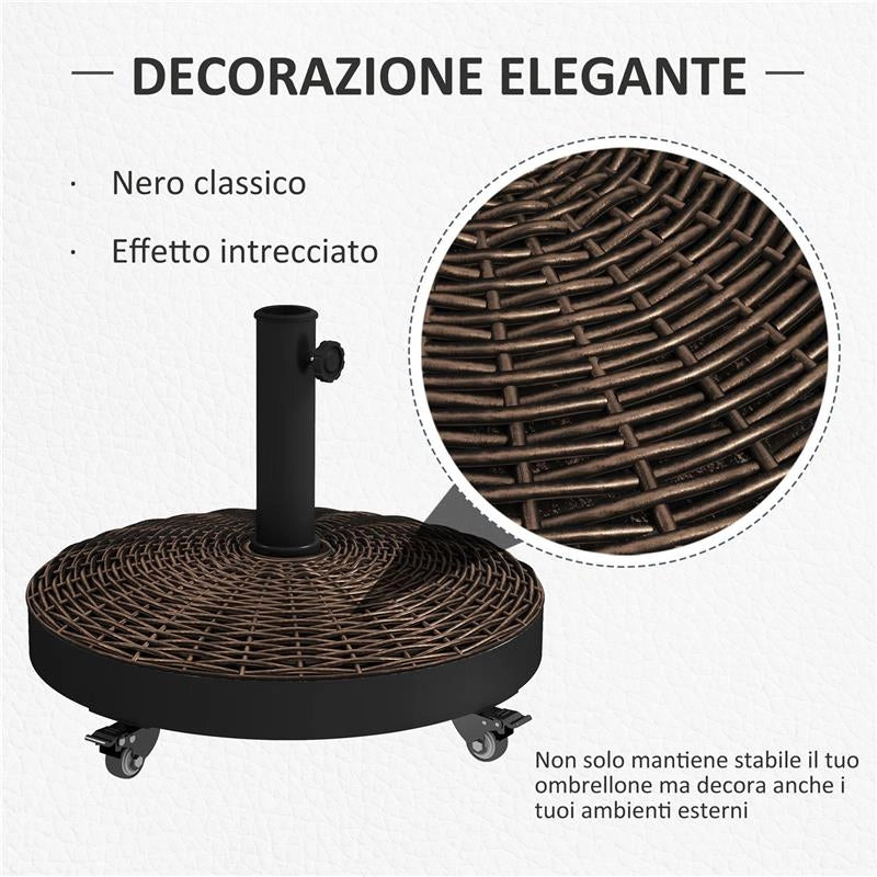BASE PER OMBRELLONE DA GIARDINO ROTONDA A 4 RUOTE CON FRENI IN ACCIAIO E RESINA  Ø 52X41 CM BRONZO E NERO