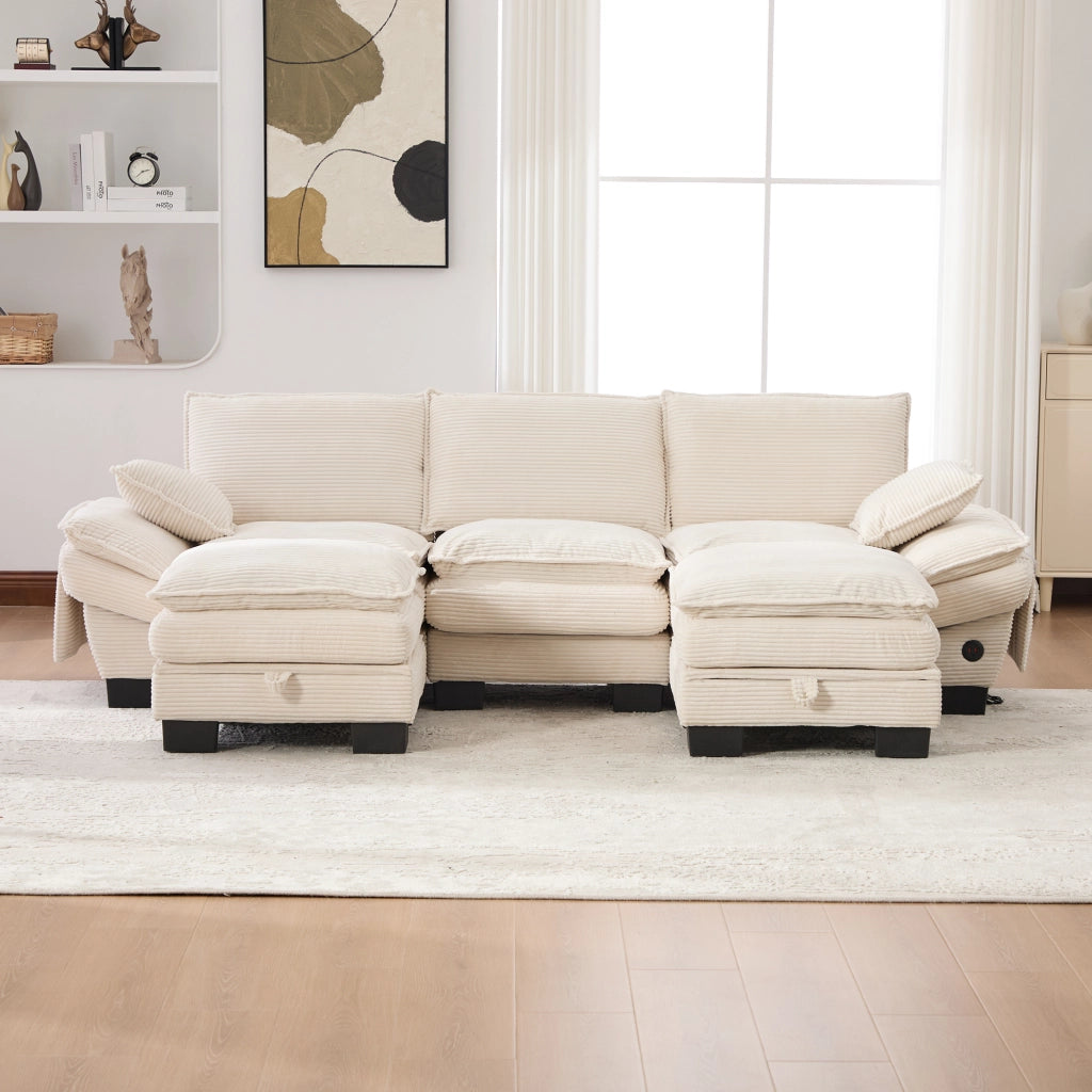 Divano modulare a 3 posti in velluto a coste con pouf porta USB-C tasche laterali e cuscini in schiuma beige