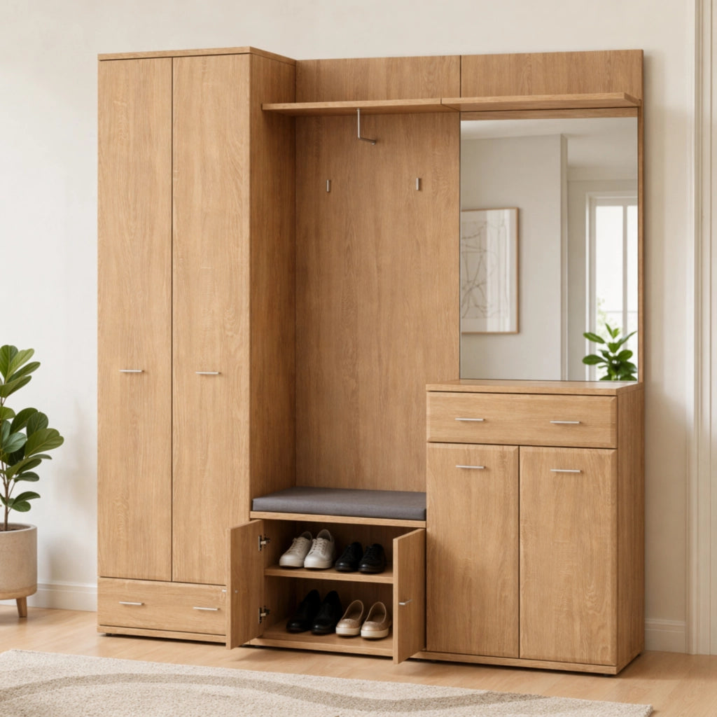 Mobile Ingresso Completo 180 cm Set Entrata con Panca Portascarpe, Appendiabiti Specchio e Armadio Guardaroba Design Moderno Salvaspazio per Corridoio Rovere 180x32x203 cm
