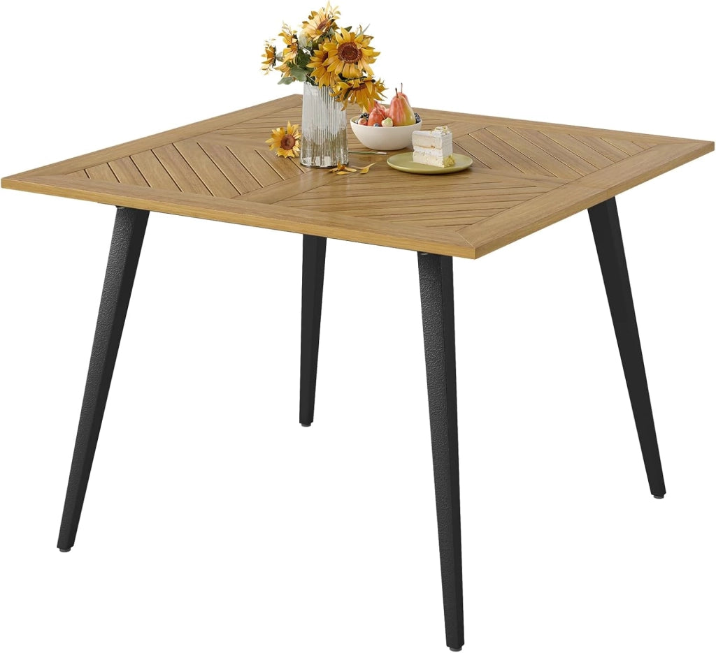 Tavolo da pranzo quadrato per giardino, tavolo in legno di acacia con foro dell'ombrellone da 5 cm e gambe in metallo, 107 x 107 x 75 cm, per balcone, terrazza
