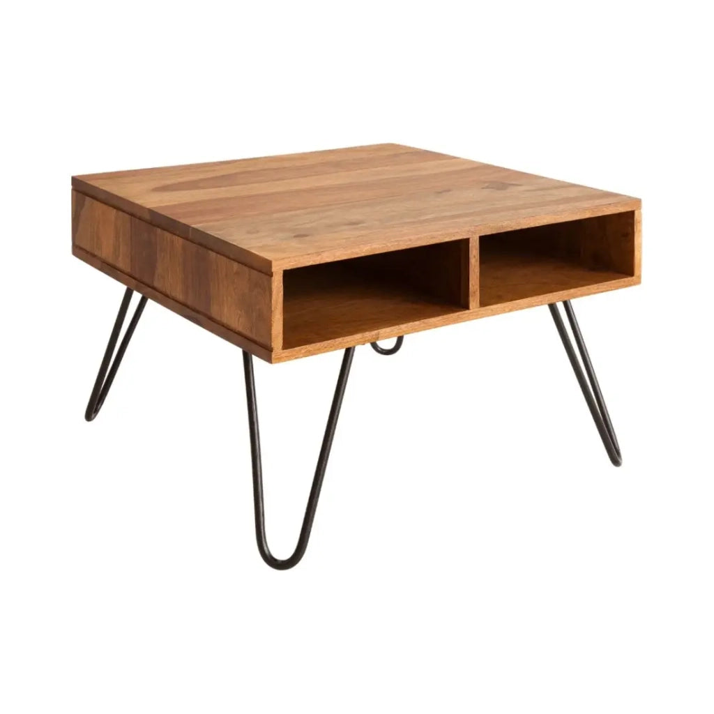 Tavolino SILVA 60 cm in legno di Sheesham massiccio e metallo nero – 2 vani