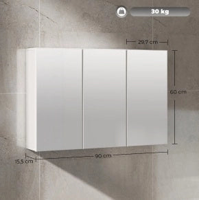 Armadio a specchio da bagno ULEVR 90x15,5x60 cm con 3 ante specchiate e 5 ripiani, bianco