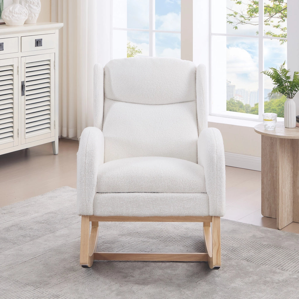 Poltrona a Dondolo con Poggiapiedi ¨C MINIMAL ¨C Tessuto Teddy, Schienale Alto, Bianco