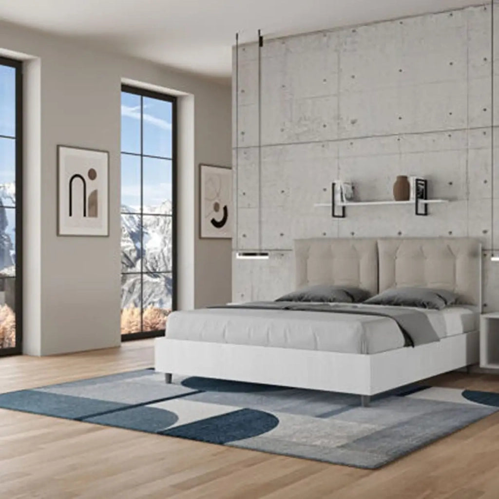 Letto matrimoniale contenitore 160x200 bianco frassino cuscini similpelle tortora Egos Annalisa