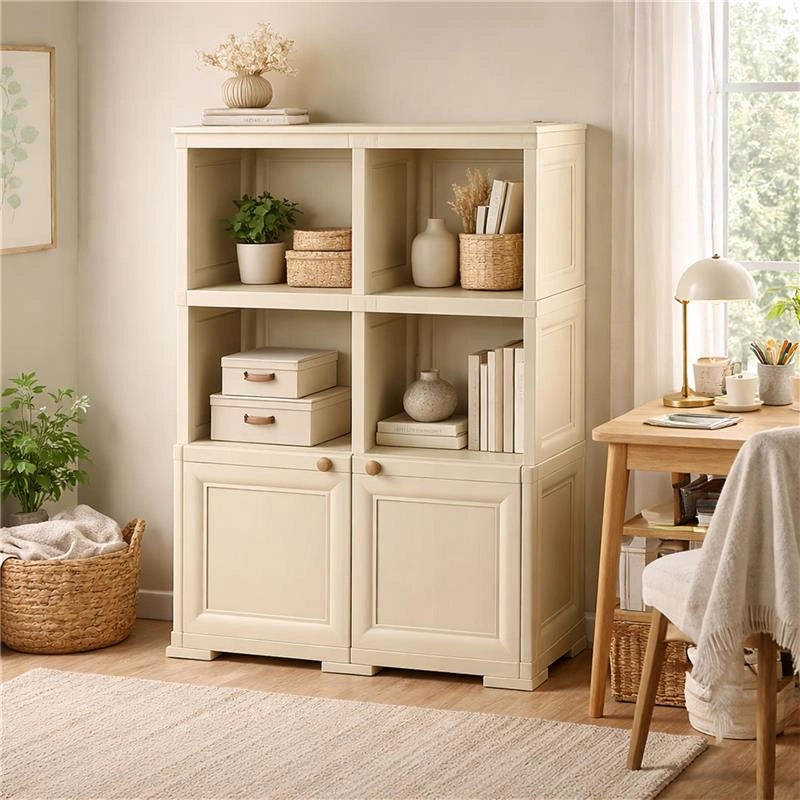 ARMADIO IN PLASTICA 79X43X125 CM EFFETTO LEGNO CON SCAFFALI APERTI E MODULO CHIUSO ANGORA, MOBILE CONTENITORE DA INTERNO E VERANDA