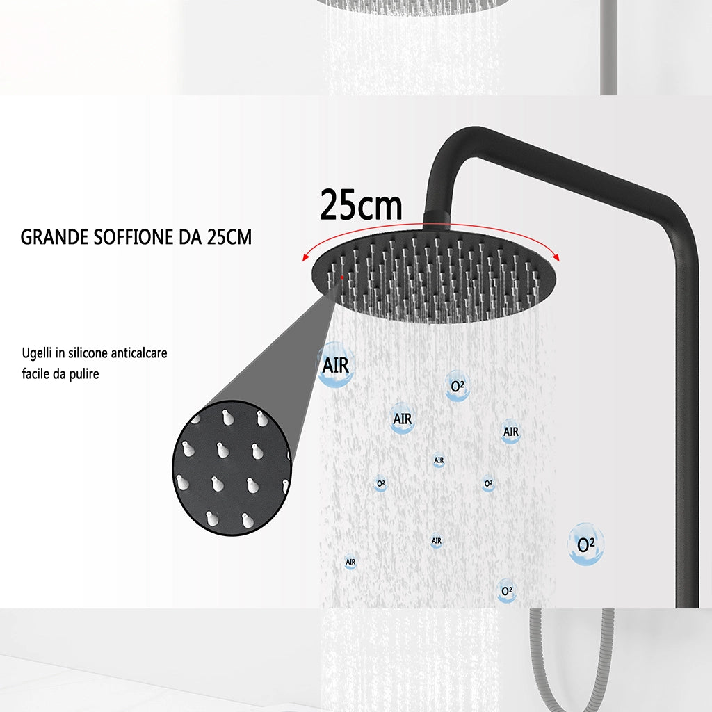 AICAIT Colonna doccia rotonda con soffione rotondo 25x25cm in acciaio inox nero, sistema doccia a 38℃ antiscottature