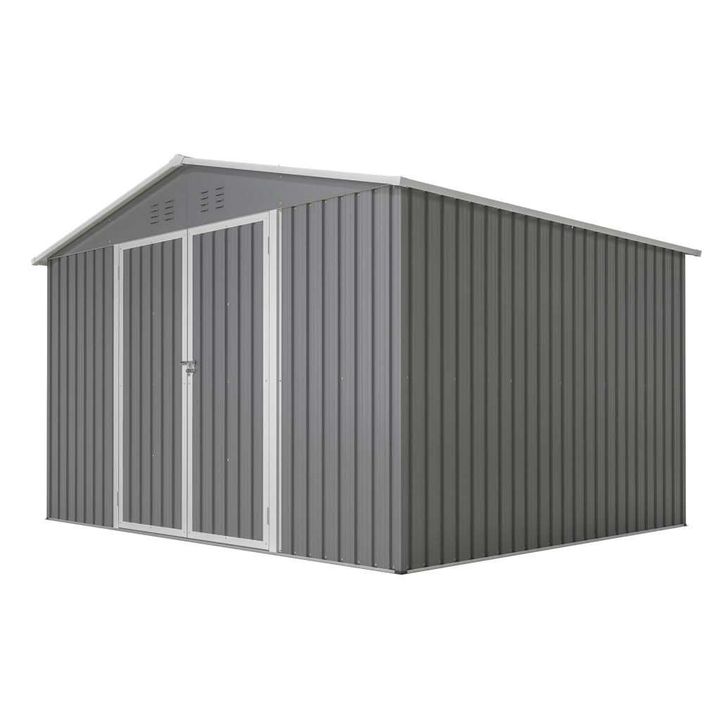 Casetta da giardino con doppie porte scorrevoli serrabili e tetto a due falde in metallo grigio 300 × 252 × 191 cm