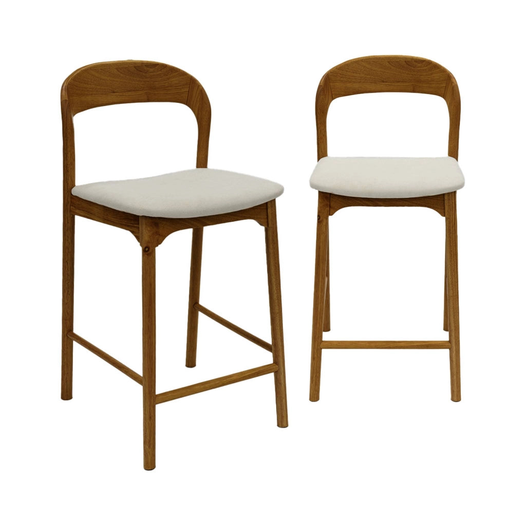 Set 2 sgabelli da bar vintage in legno di hevea e tessuto, noce